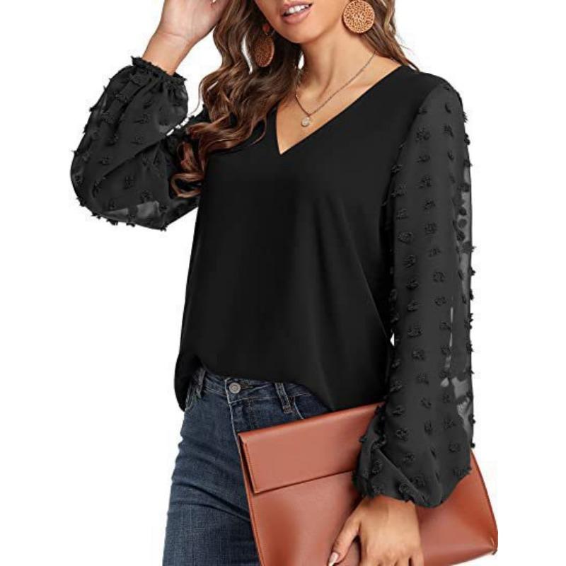 Women S V Neck Long Sleeve Chiffon Blouse Jacquard Loose Top
