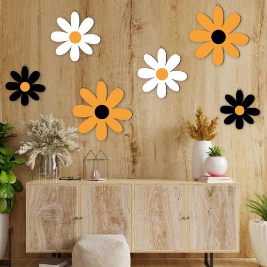 6Pcs/Set Rustic Wooden Flower Wall Decoration Handcrafted Black Yellow White Floral Wall Art Home Office Living Room Bedroom Wall Hanging Ornament