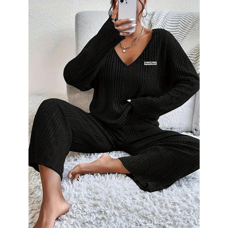 

Autumn and Winter Fashion Wind New Arrival Pure Color Minimalist V-neck Loose Top High Waist Loose Pants Casual Suit European Station Black S