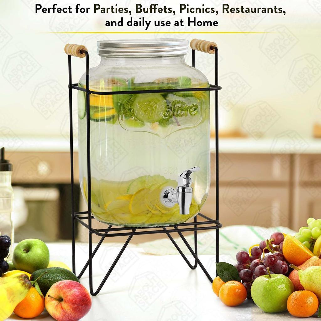 5 Litre Glass Water Dispenser with Stand - Air Tight Lid Glass Pitcher for Detox Water - Mason Jar - Counter Table Top