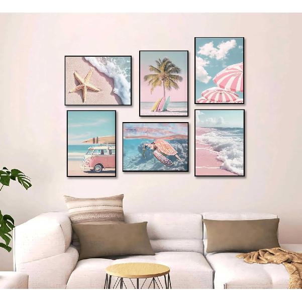 6Pcs Summer Beachy Wall Art Fresh Pink Tropical Ocean Art Print Beach Chairs Starfish Surfboard Palm Tree Wall Decor Retro Coastal Canvas Picture Bus