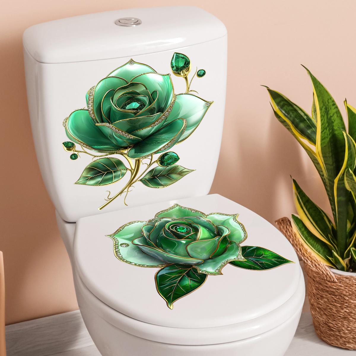 

2 шт. Креативные водонепроницаемые наклейки на унитаз с зелеными розами, наклейка для фона стены ванной комнаты, украшение дома, самоклеящиеся постеры зелёный