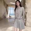 Korean Style Grey Knit Cardigan & Skirt Set with Rhinestones
