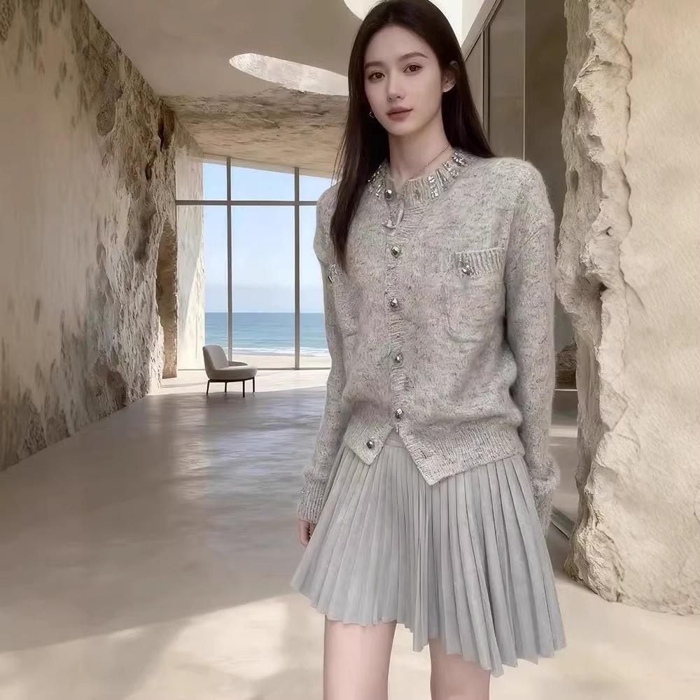 Korean Style Grey Knit Cardigan & Skirt Set with Rhinestones