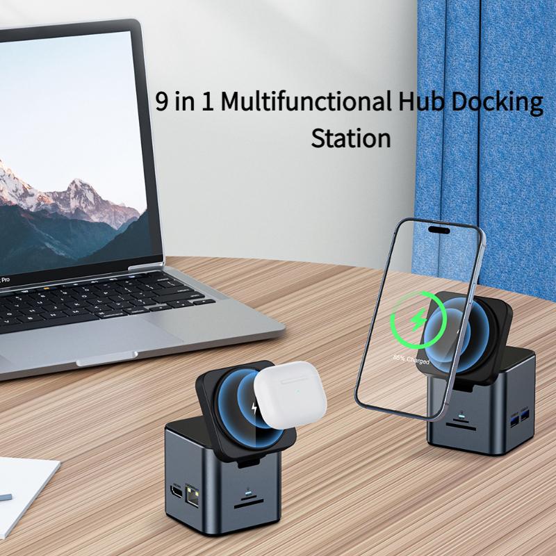 9-in-1 Multifunktions-Hub Dockingstation Kabelloses Ladegerät für iPhone 12-17, Magnetischer Schnelllade-Hub für AirPods, Schnellladegerät mit USB-C-Anschlüssen