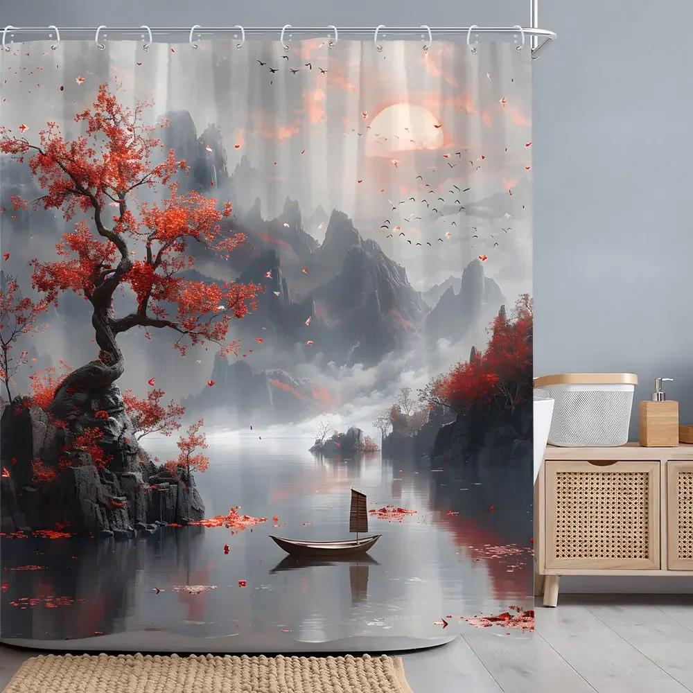 Japanese Red Cherry Blossom Seascape Shower Curtain Chinese Landscape Ink Painting Printed Fabric Shower Curtains Bathroom .
