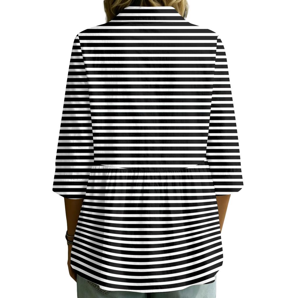 Women's Button Front Notched Collar Striped Print Three Quarter Sleeve Loose Fit Blouse Shirt