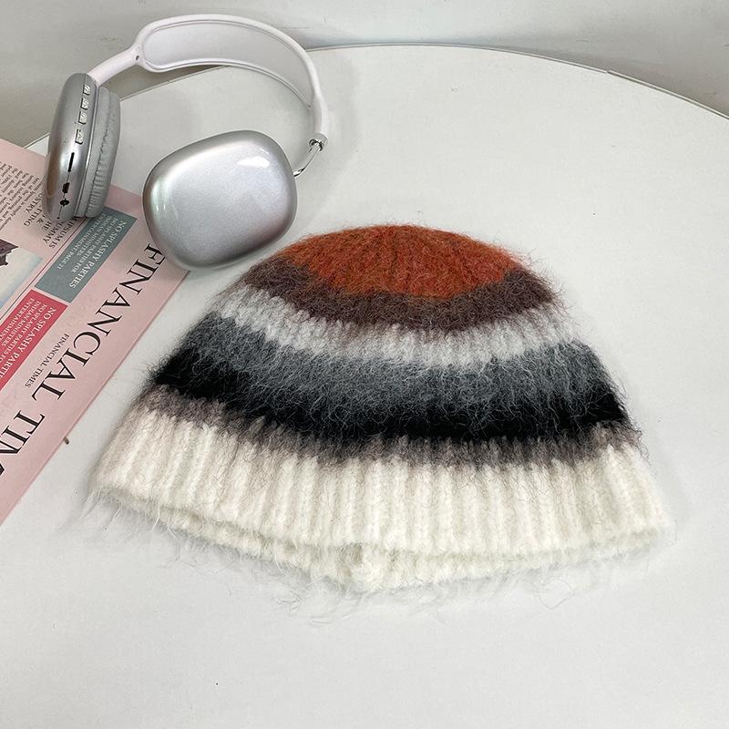 Japanese Colorful Striped Dopamine Plush Fisherman Hat Women's Autumn and Winter Warm Ear Protection Woolen Hat Niche Basin Hat