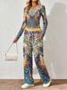 Spring and Autumn digital print women's V-neck long sleeve pants set, comfortable, casual, versatile, slim fit two-piece set