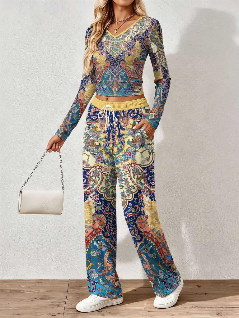 Spring and Autumn digital print women's V-neck long sleeve pants set, comfortable, casual, versatile, slim fit two-piece set