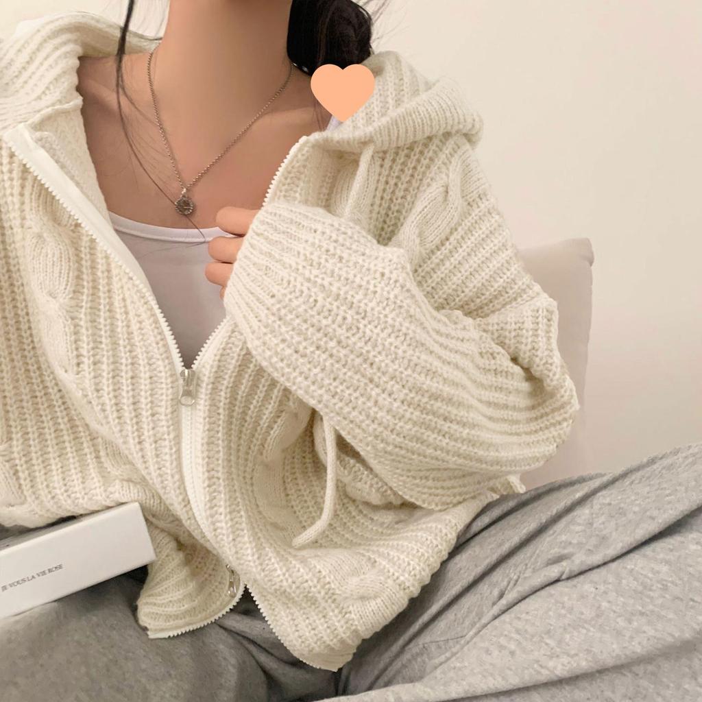 Women's Korean Style Double Zipper Hooded Cardigan – Long Sleeve, Loose Knit Sweater for Autumn/Winter