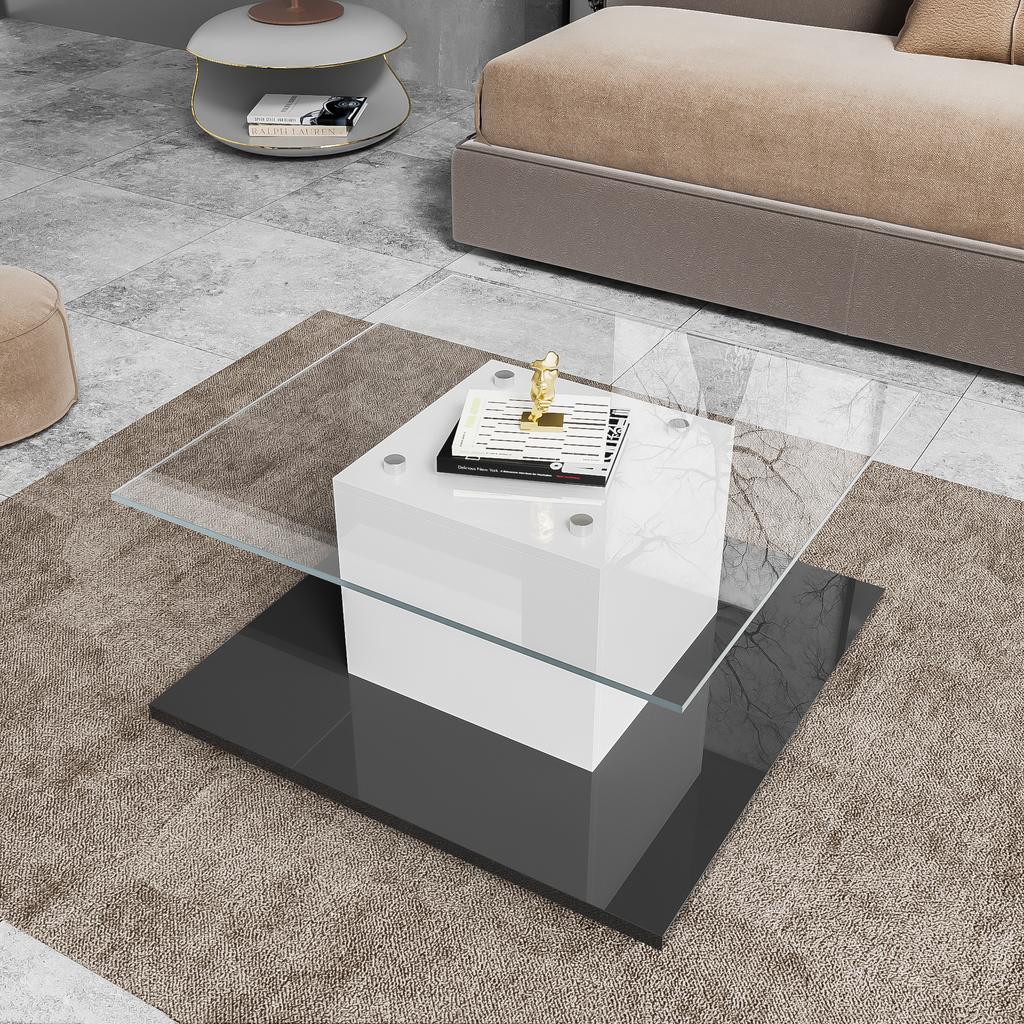 Couchtisch, Couchtisch aus Hochglanzglas, Mobiler Couchtisch mit Schwenkrädern