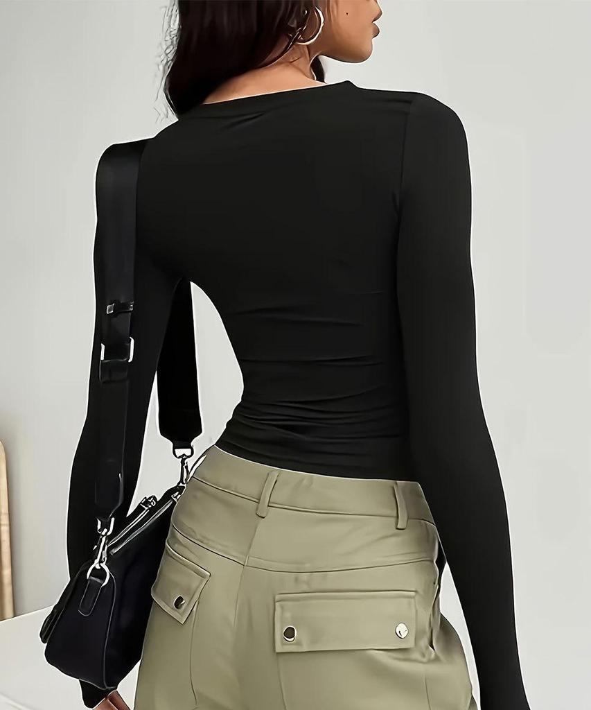 European/American Autumn Versatile Solid Color Long Sleeve Pullover T-Shirt