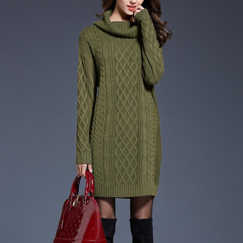 Autumn and Winter Women Casual Knitted Long Sleeve Winter Dresses Sweater Solid Knee Length Loose Fat Female Dresses