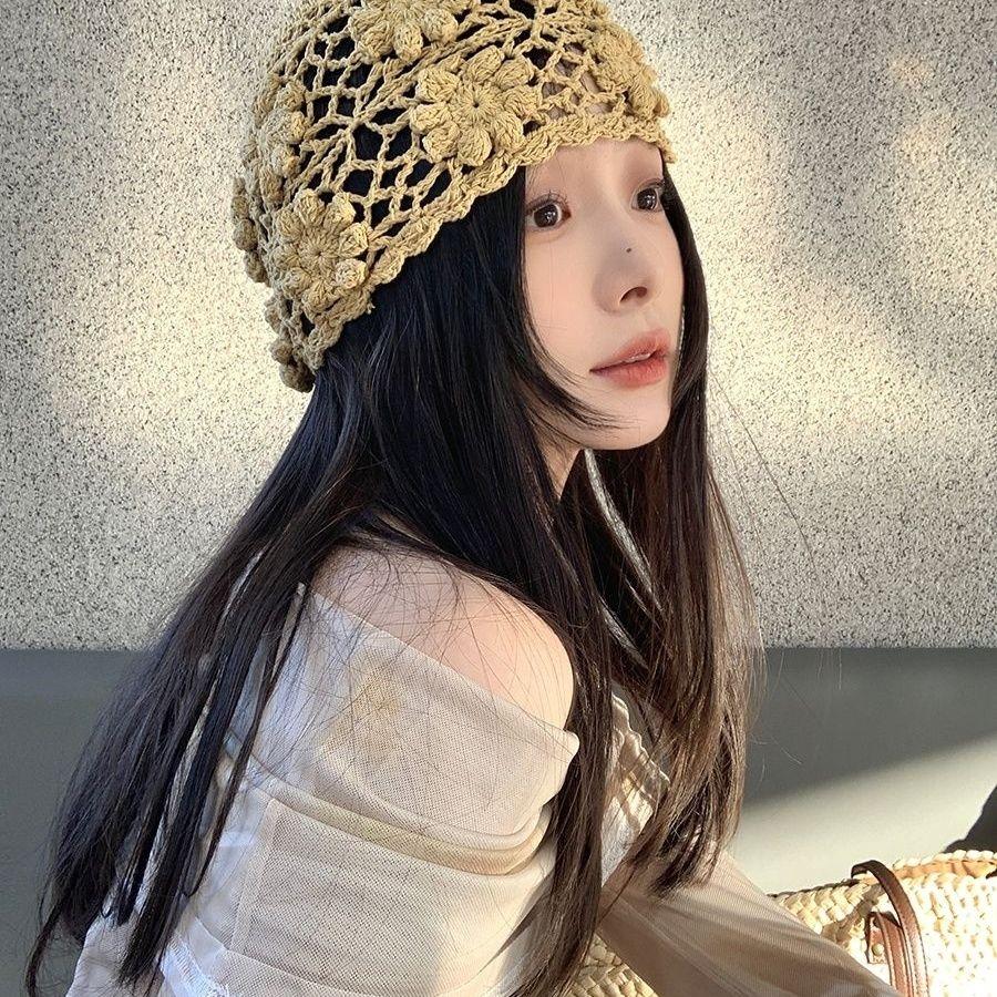 Flower Hat Pile Thin Retro Handmade Breathable Woven Versatile Hollow Hook Flower Knitted Toe Cap Yarn Hat