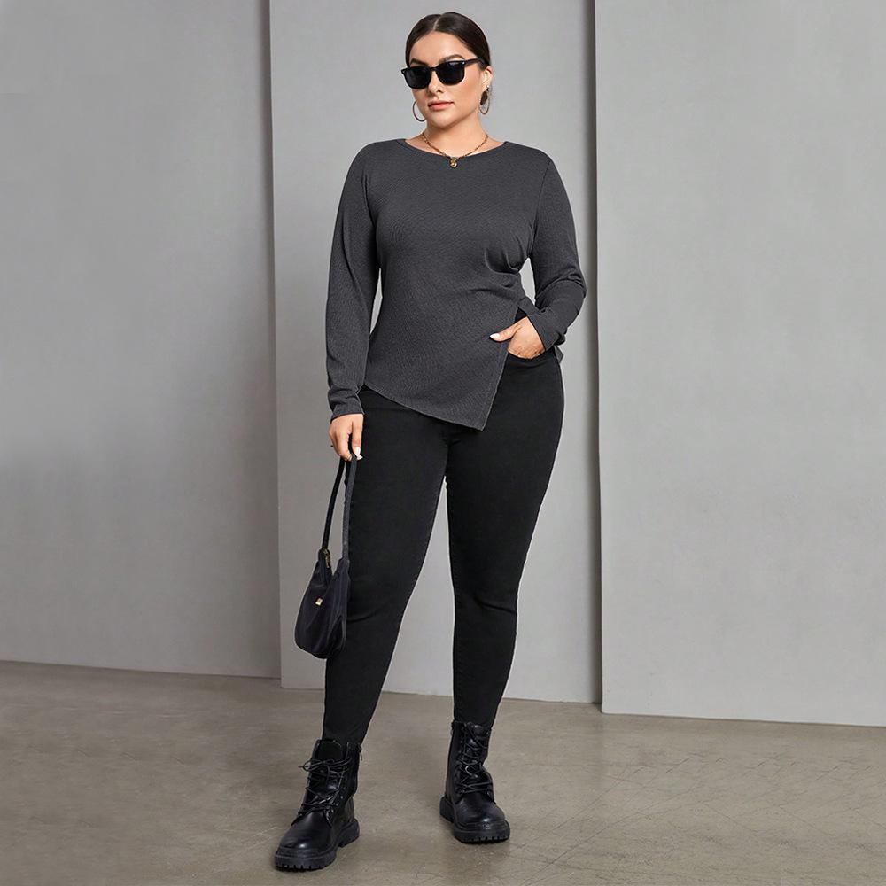 European and American large-size women's clothing spring and summer long-sleeved t-shirt fat mm irregular split-ended versatile bottoming slim-fit top