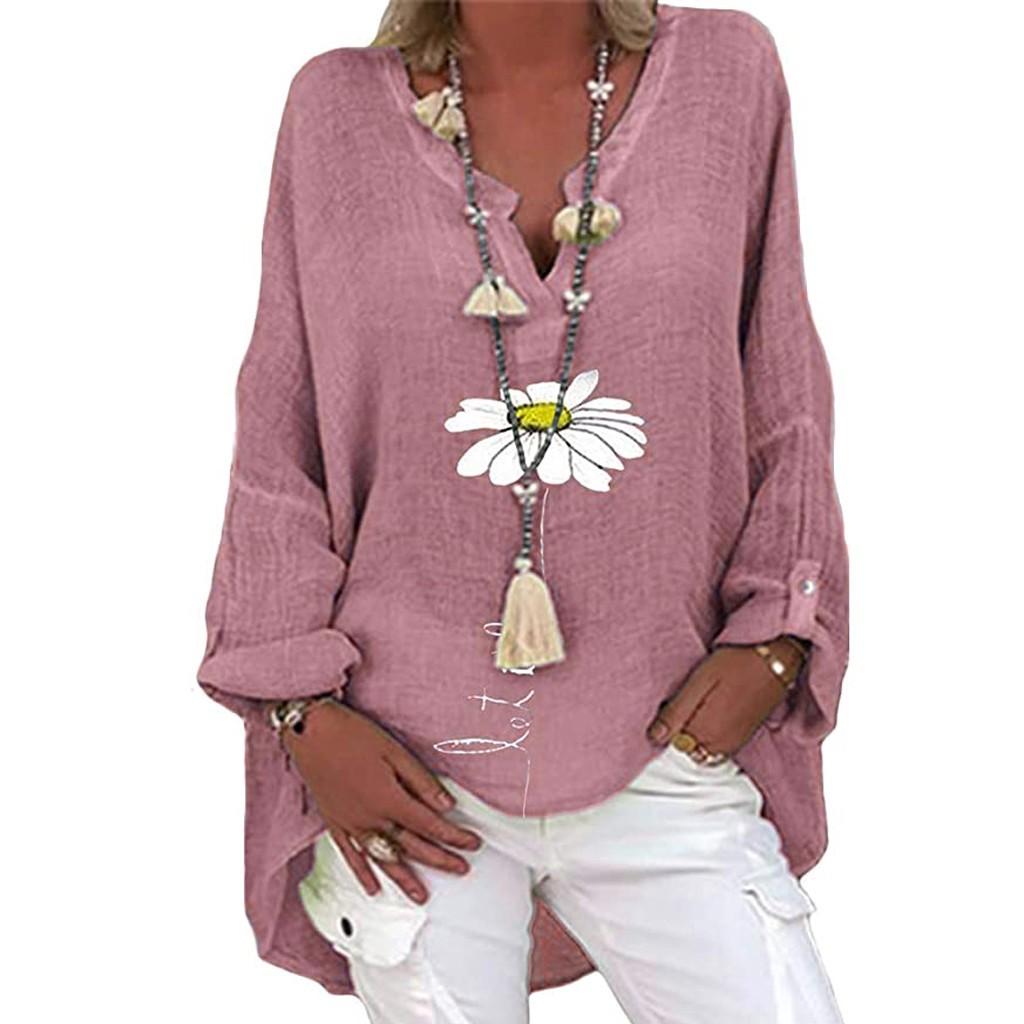 Plus Size Damen Casual Langarm Blumendruck Lose V-Ausschnitt Hemdbluse Top