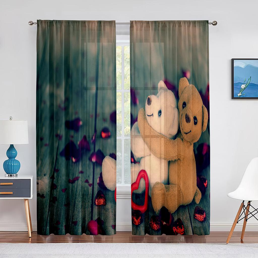 Lustiger Teddybär mit Geschenkbox Liebesherzen Transparente Vorhänge für Wohnzimmer Schlafzimmer Küchendekor Fenstervoiles Tüllvorhang