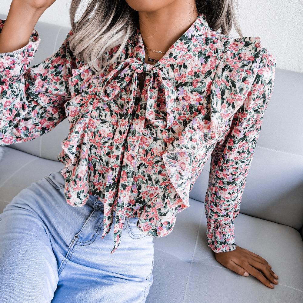 Autumn and Winter Casual Lace-up Ruffled Floral Chiffon Top