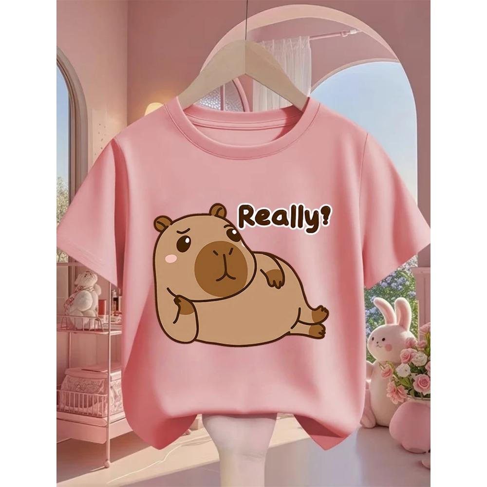 Cute Kawaii Capybara Crew Neck T Shirt Summer 3-14Y Boys Girls Fashion Street Hot Cartoon Casual Children