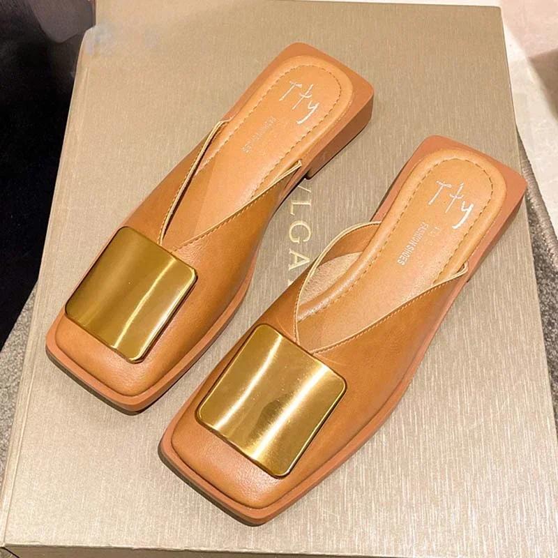 Fashion Designer Women's Casual Slippers 2025 Fashion Metal Buckle Shallow Flat Heels Square Toe Shoes for Women Brand Outdoor Slides