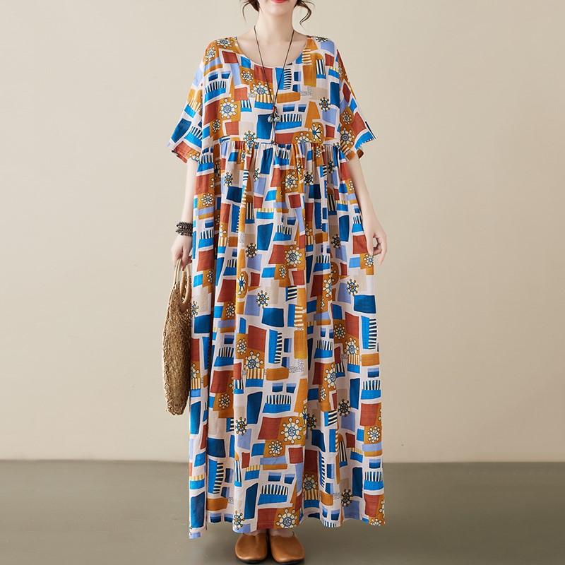 

С короткими рукавами, большие размеры, хлопковые винтажные клетчатые новые платья для женщин, повседневные свободные длинные летние платья оранжевый