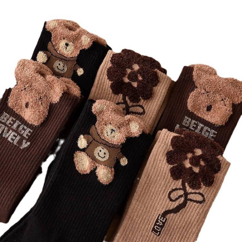 Women's Autumn and Winter Mid-calf Socks Cute Kawaii Bear Socks Warm Socks 3 Pairs