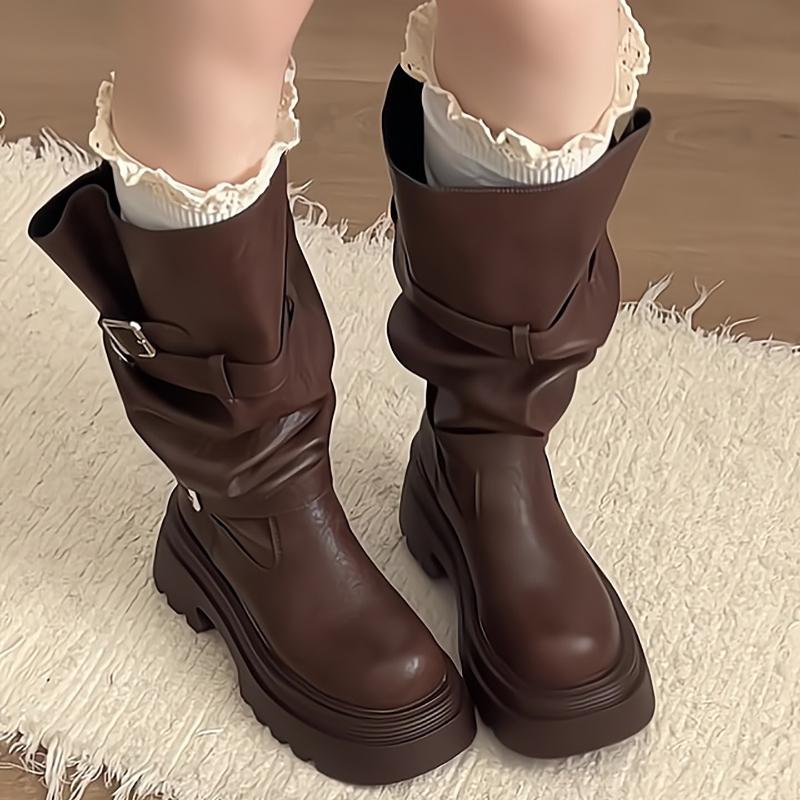 Winter Fashion Platform Woman Knee High Boots Fashion Belt Buckle Square Heels Modern Long Booties