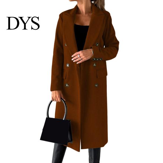Lapel Collar Coat Women Woolen Jacket Turn-down Solid Color Double-breasted Mid Daily Wear Length Thermal Long Sleeved Commuting Dating Spring