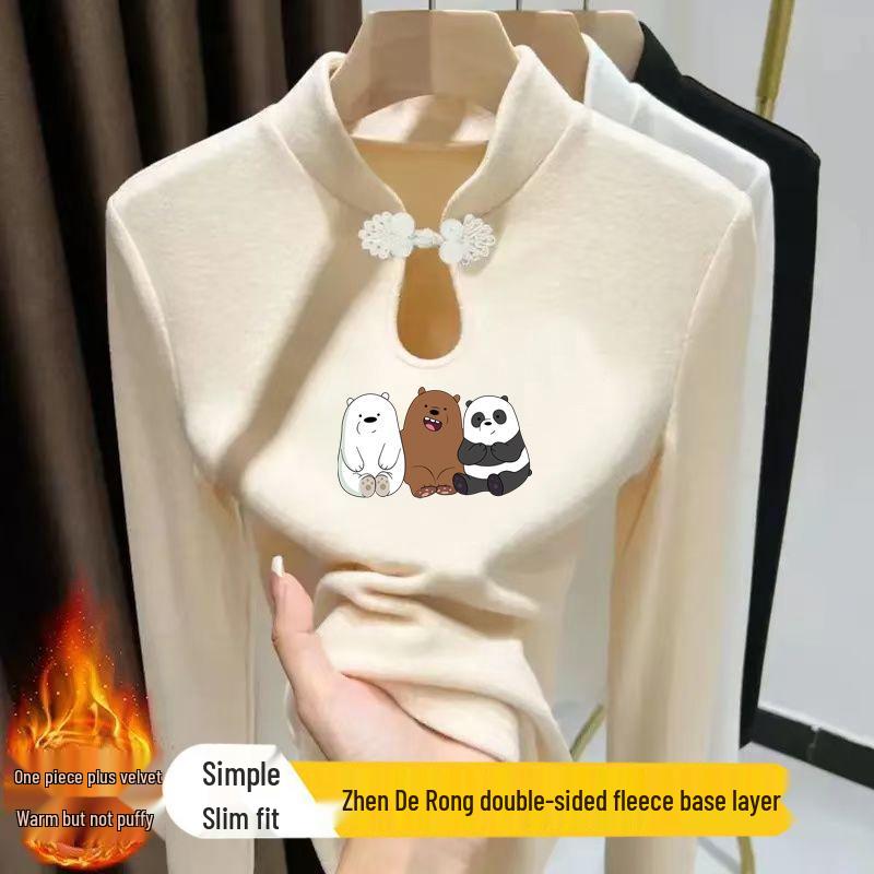 

Women s Autumn/Winter Frog Button Stand Collar T-Shirt with Water Drop Collar Print S (up to 80 jin) абрикосовый