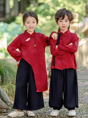 Conjunto Hanfu Vermelho de Manga Comprida para Crianças para Primavera/Outono - Roupa de Irmãos, Apresentação de Meio Outono, Fato Tang de Ano Novo