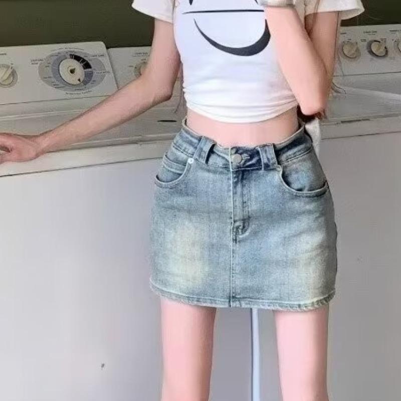 2025 Summer Women's High Waist Distressed Denim A-Line Skirt