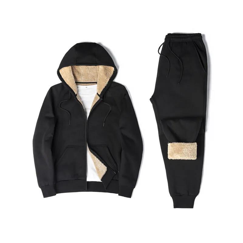 Men's Autumn/Winter Fleece-Lined Thickened Cardigan Hooded Sweatshirt + Pants Sport Suit Outdoor Casual Set