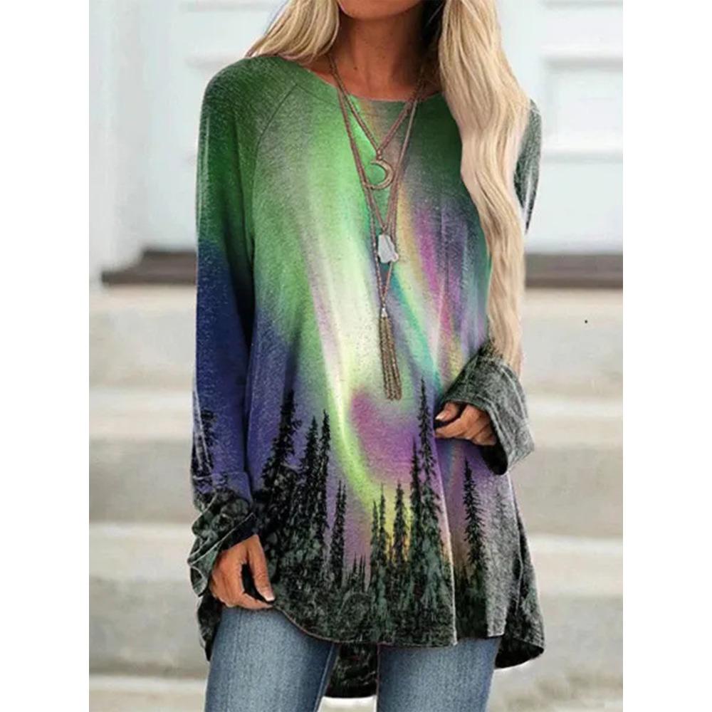 Large-sized Seaside Sunset 3D Printed Women's Round Neck Long Sleeve T-shirt Autumn Fashion Elegant Women's T-shirt Outdoor Casual Loose Top