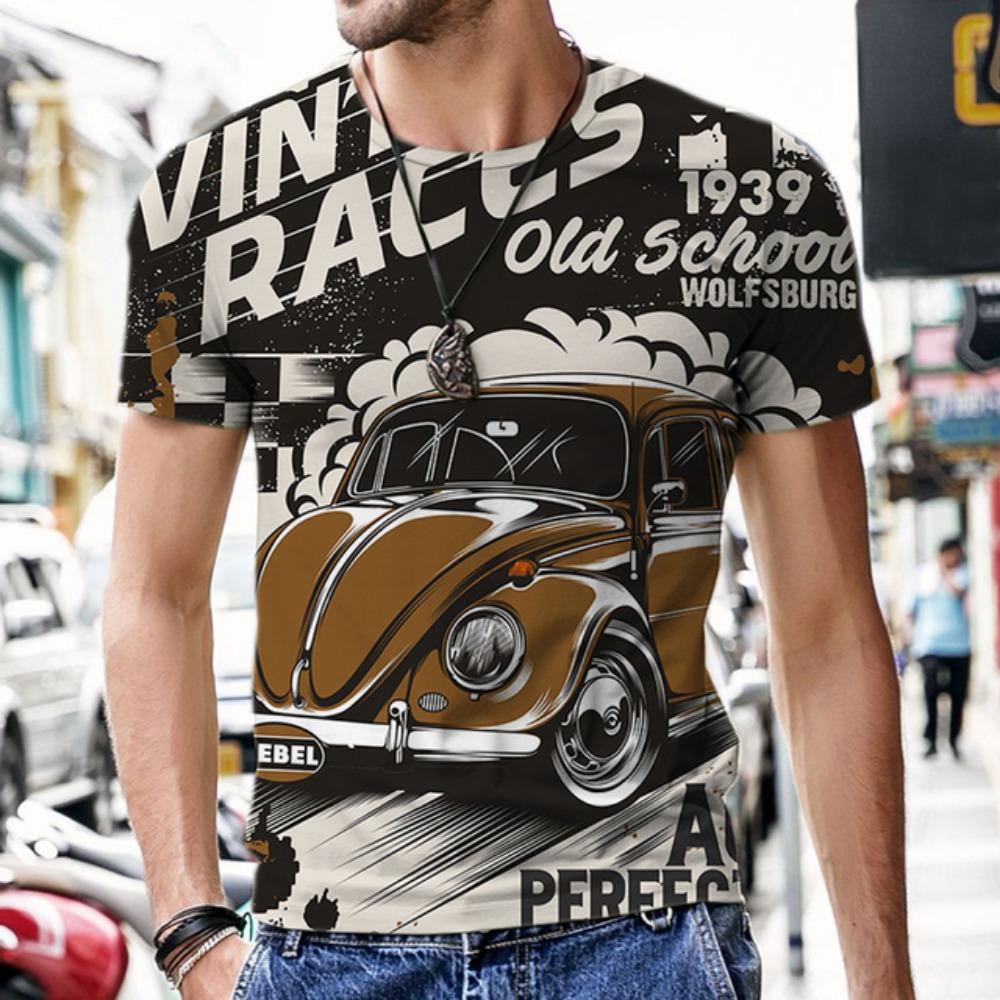 Summer Men's T-shirt Car Pattern 3D Printed Round Neck Fashion Casual Trend Short-sleeved Top Men's T-shirt Hot on the Street