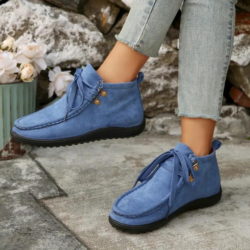 Fashion 2025 New Women's Chunky Sole Casual High-Top Shoes Plus Size Comfortable Flat Lace-Up Anti-Slip Ankle Boots Ladies Sneakers
