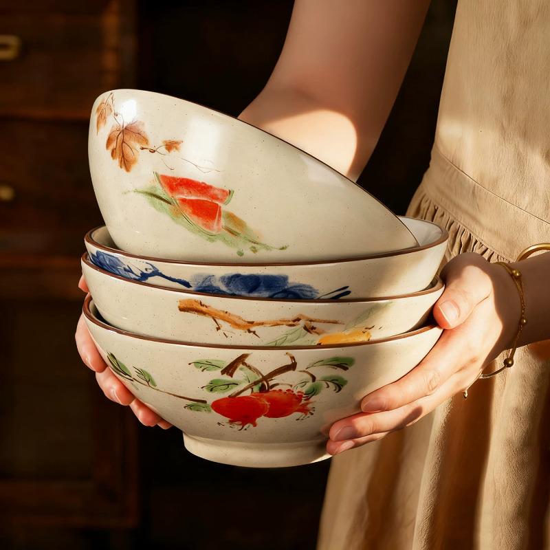 Large Chinese Retro Ceramic Ramen Bowl Set - Creative Home Tableware with Conical Hat Design