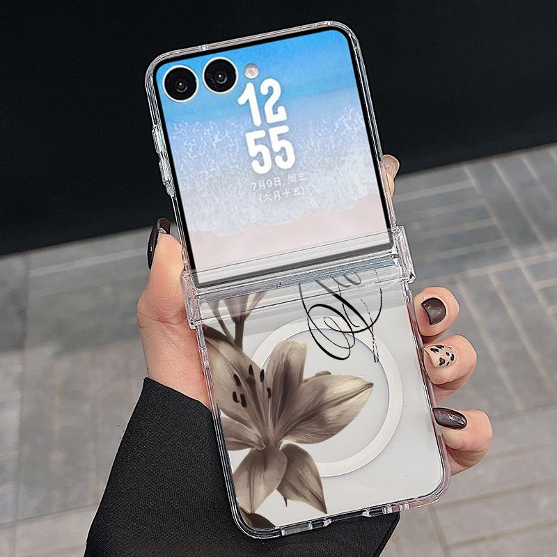 Luxury Flowers Print Case For Samsung Galaxy Z Flip 8 7 FE 6 5 Z Flip8 Flip7 Flip6 Magnetic Clear Hard PC Folding Phone Cover