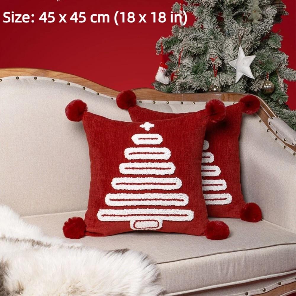 1PC 18 x 18 in Christmas Tree Pillow Cover with Hairball Comfortable Xmas Tree Pillowcase Soft Square Throw Pillow Cover