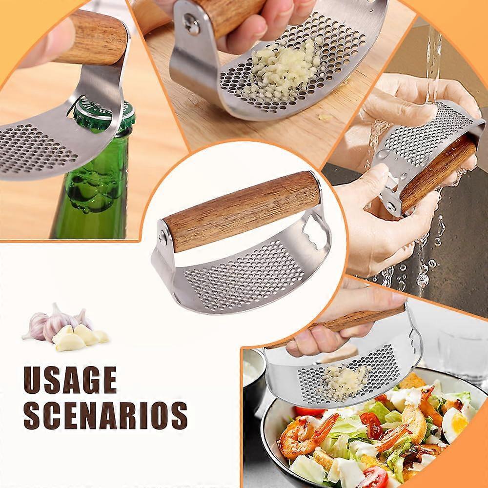 Stainless Steel Garlic Presser, Upgraded Garlic Press Rocker, Garlic Mincer Crusher, Ergonomic Wooden Handle for Home Kitchen