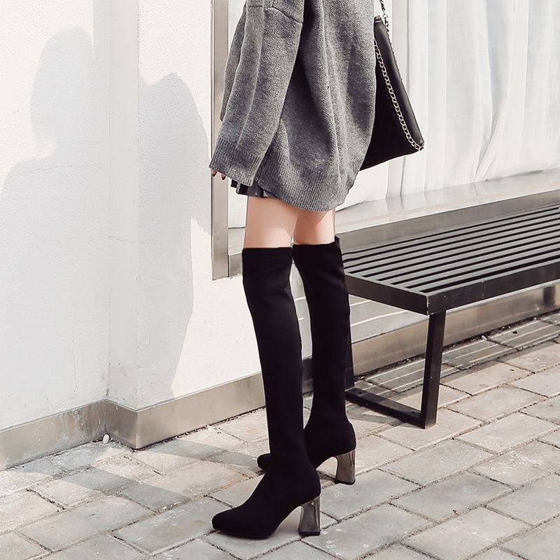 European and American autumn and winter knitted elastic thin legs over the knee boots women's pointed high-heeled wool boots thick-heeled knight boots