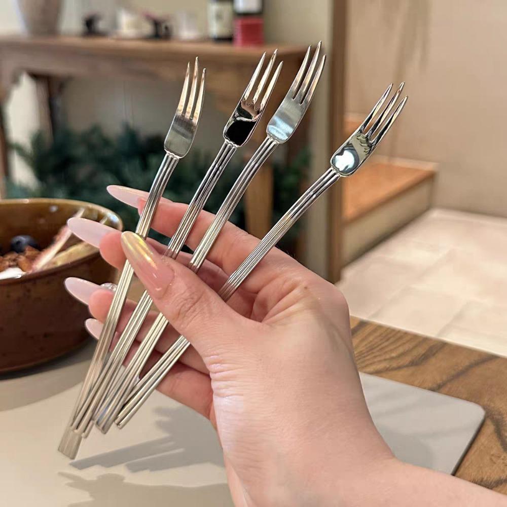 10PCS 3-toothed Stainless Steel Slender Fruit Fork Reusable Rust-proof Afternoon Tea Fork Extended Handle Salad Fork Restaurant
