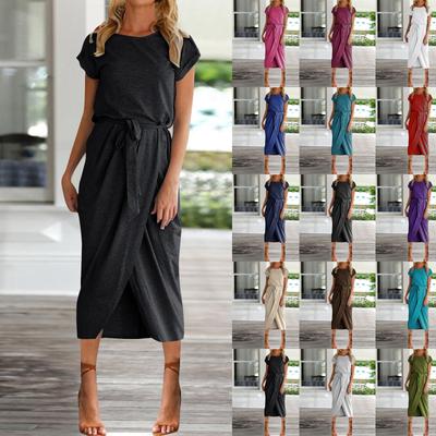 Women's Summer Dress Round Neck Sleeveless A-Line Dress Hem Belted Swing Beach Dresses