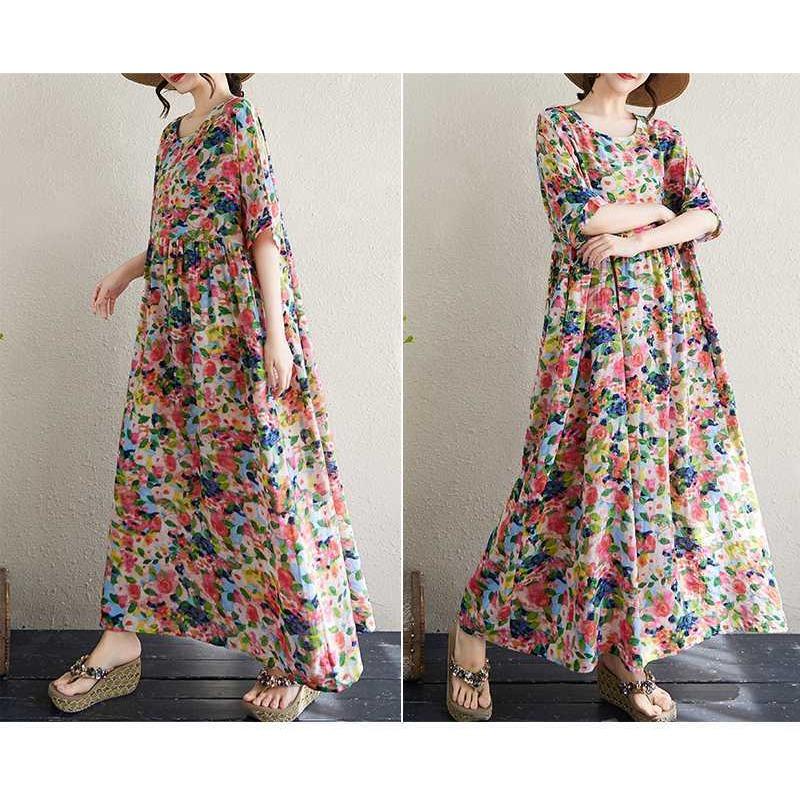 Women's Cotton and Linen Round Neck Short Sleeved Simple Floral Long Skirt, Long Girl