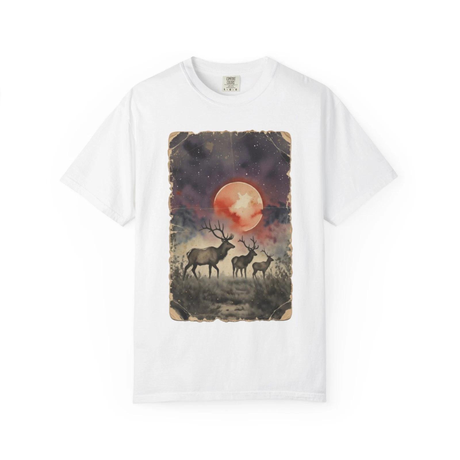 Elk in the full moon 100% Cotton T-shirt Mens Tees Top 2XL