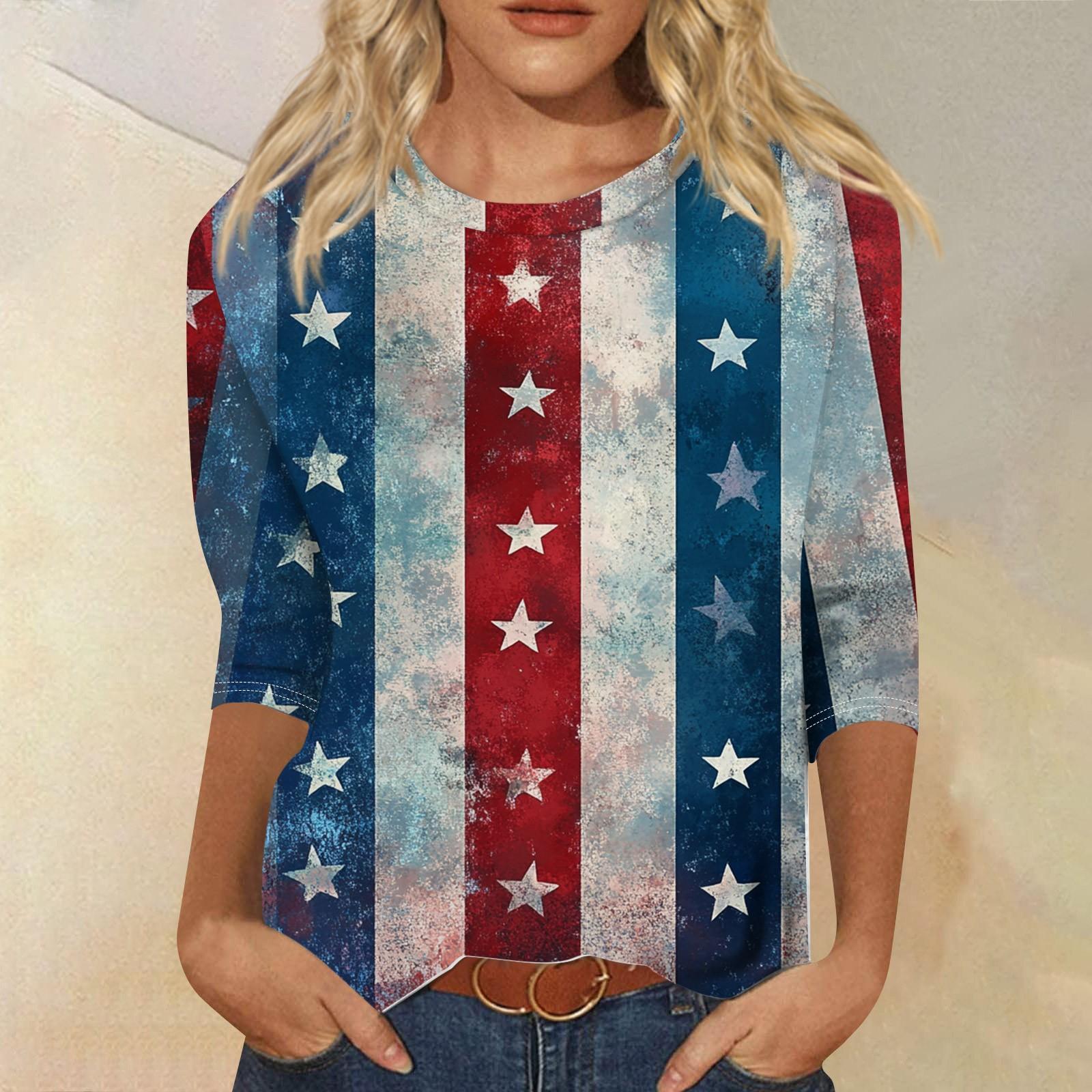 

Women s Fashion Casual 3/4 Sleeve Independence Day Printed Round Neck Pullover Top XL