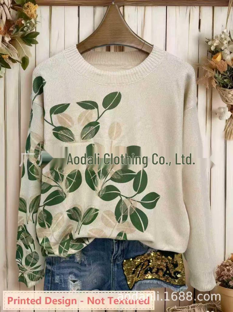 Versatile Round Neck Full Print Long Sleeve Loose Fashion Knit Top