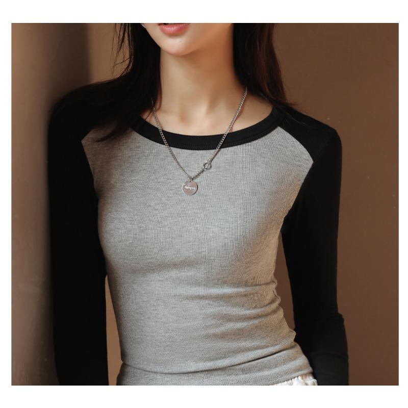 Women's Autumn and Winter Splicing and Color Collision Thread Round Neck Long Sleeve Top