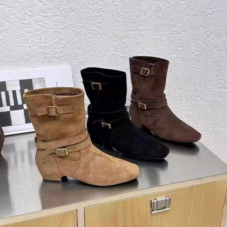 2025 Korean Version of the New Niche Design Retro French Boots Small Square Head Western Boots Thick Heel Martin Boots Women's Boots