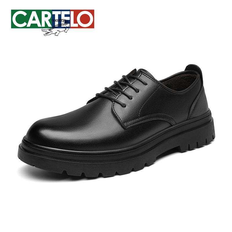 Men's Black Leather Derby Shoes - Winter 2025, Height Increasing, Thick Sole, Casual to Formal, with Plus Velvet for Warmth